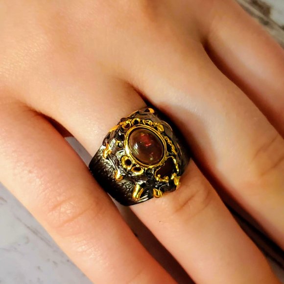 Artisan Black Opal Sterling & 14 kt Gold Ring - Picture 9 of 9